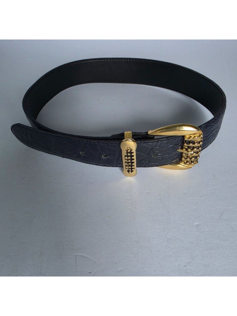Vintage Black Genuine Leather Belt Gold Rhinestone Buckle Made Italy Size S 80s